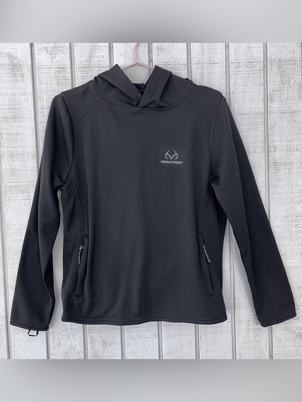 Realtree Black Pullover Hoodie Women’s Medium Zip Pockets Outdoor Hunting